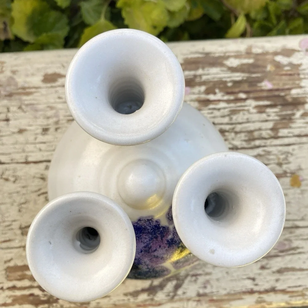 Clouds Folsom Studio Pottery Purple Irises 3 Neck Bud Vase 5.75